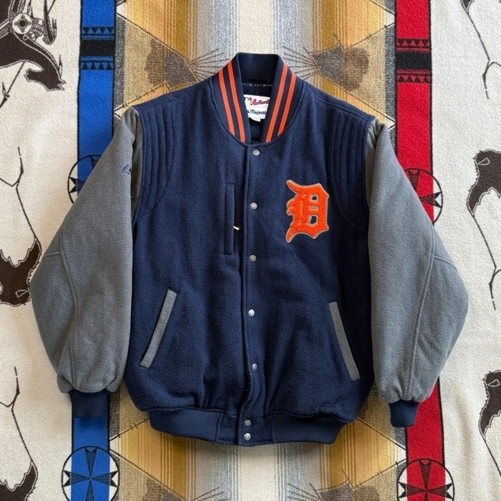 Majestic Detroit Tigers MLB Authentic Varsity Jacket Navy Wool Grey XL